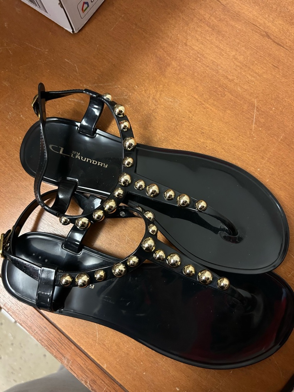 CL by Laundry Black Jelly T-Strap Sandals with Gold Stud Detailing 7.5 Womens